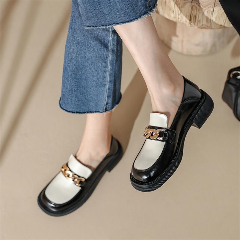 Meotina Loafers Schoenen Dames Echt Leer Platform Mid Hak Schoenen Keten Ronde Neus Pompen Dikke Hakken Schoeisel Lente Beige 43 34 beige
