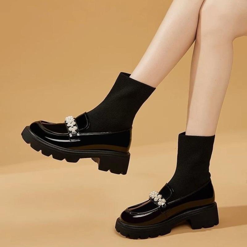 GtimeShoes Dikke zolen sokken laarzen, dames leren laarzen, glanzende afwerking 35 zwart