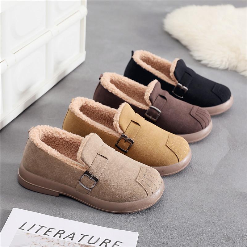Yoxier Damesschoenen van imitatieleer met warme fleecevoering Damesschoenen met gesloten achterkant en antislip Binnen Buiten Rubberen zool Platte platformschoenen 35