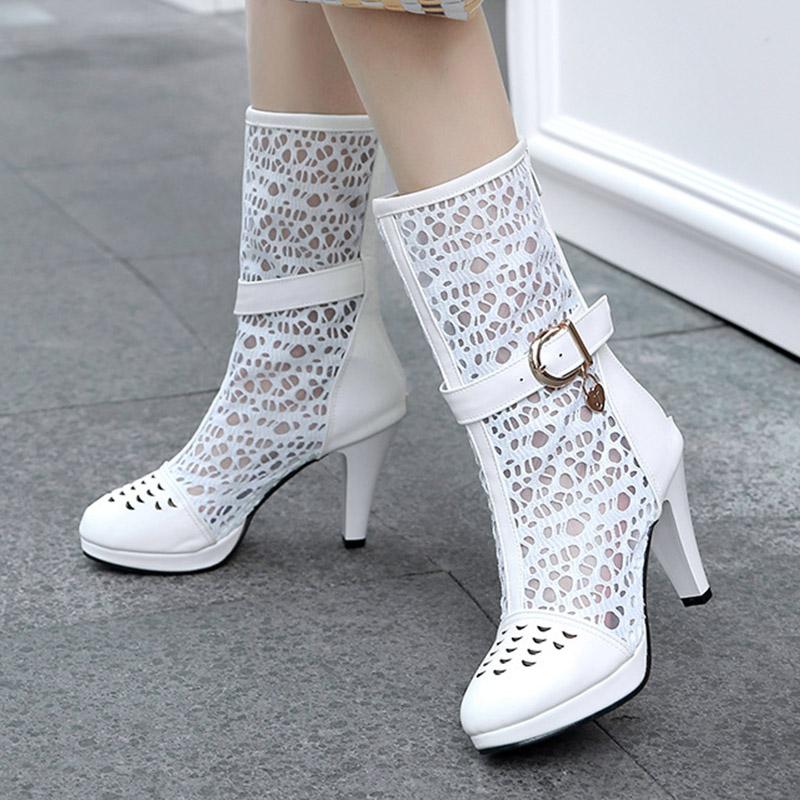 DONGYUN Footwear Q/Korte dameslaarzen met hoge hakken, sexy waterdicht platform, slanke hak, uitgeholde grote coole laarzen 35 zwart