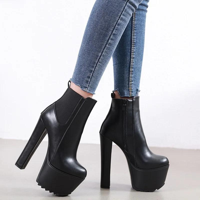 Shoes Family Nieuwe aankomst 16cm hoge hak dameslaars winter dames Chelsea enkellaarsjes pijp platform dikke hakken damesschoenen elegant 35