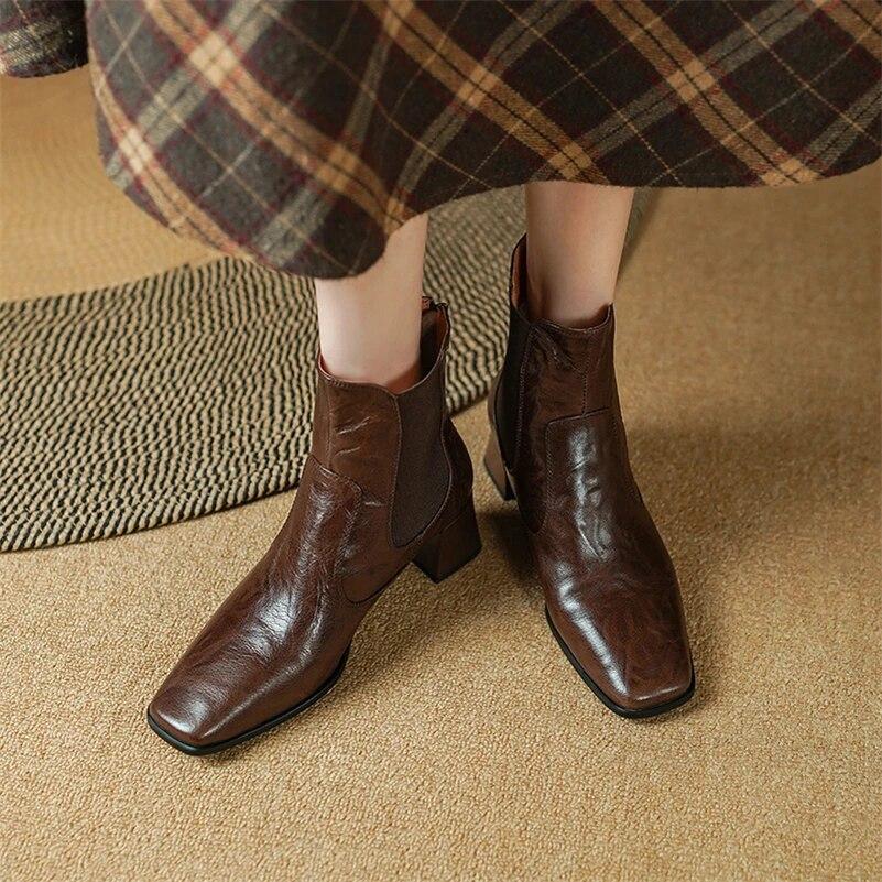 Meotina Vrouwen Echt Lederen Enkellaarsjes Vierkante Neus Dikke Mid Hakken Wol Rits Chelsea Korte Laars Dame Mode Schoenen Winter 40 34 bruin