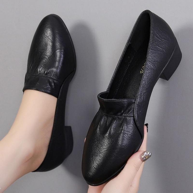 Yoxier Zwarte vouwontwerp leren schoenen voor dames met ronde neus, zachte zool, halfhoge hak, comfortabele, lichtgewicht schoenen voor woon-werkverkeer 35