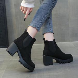 Best Shoe Boutique Lente Herfst Vrouwen Suède Enkellaarsjes Mode Slip op Casual Korte Laarsjes Vrouwelijke Dikke Hoge Hak Schoenen Zwart Bota Feminina 36 groen