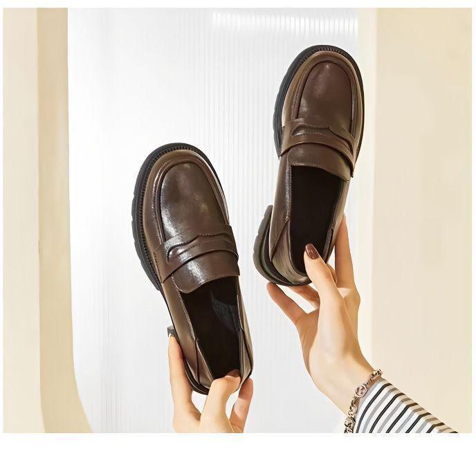 Shoes Arena 2024 Dames leren loafers met hoge hak: Instappers met zachte zool, dikke hak en zool, veelzijdige schoenen voor lente en herfst 38 donkerbruine kleur