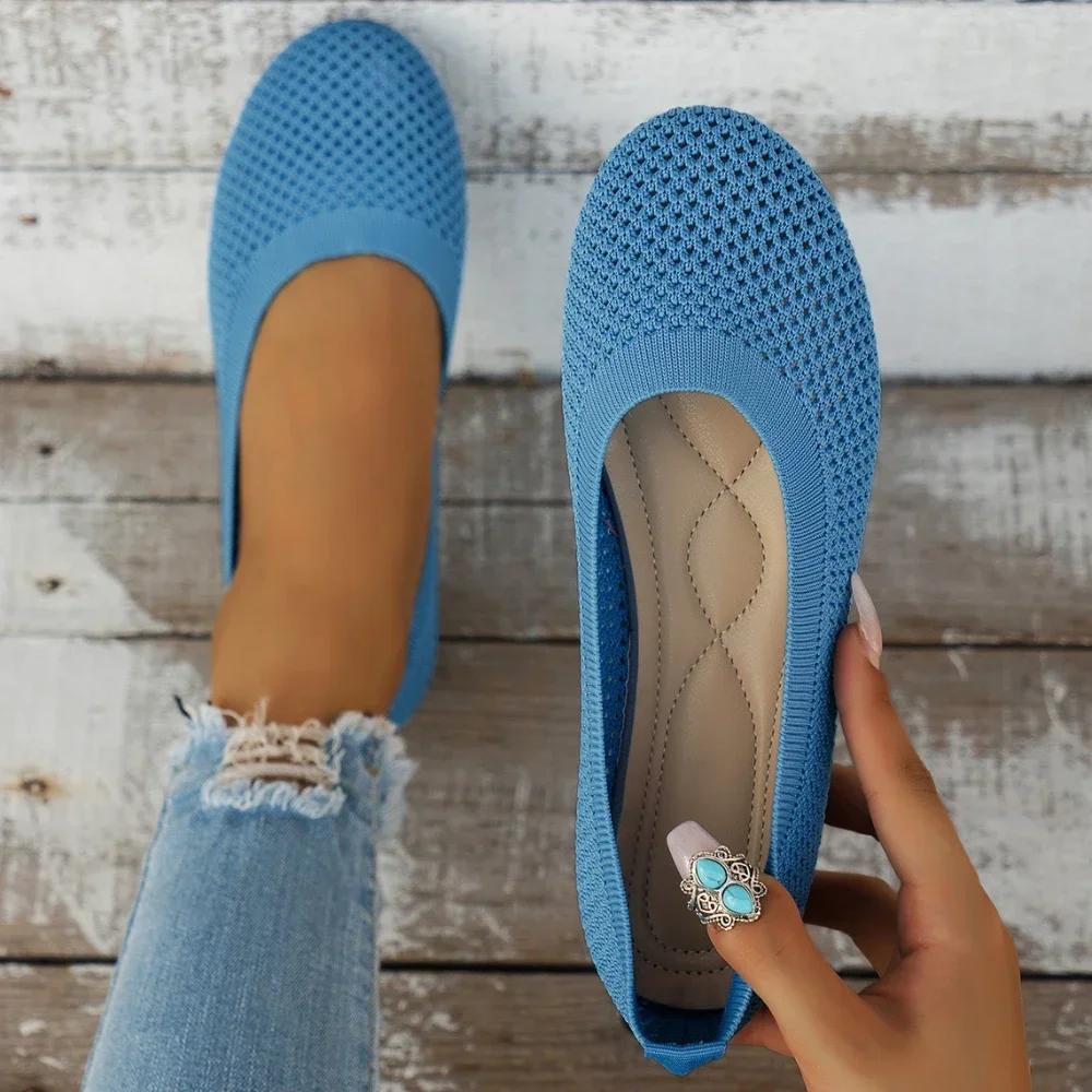 Sole Street Dames platte schoenen met ronde neus, effen kleur, gebreide instappers, casual, ademende ballerina's, platte schoenen van mesh, loafers voor dames 36 beige