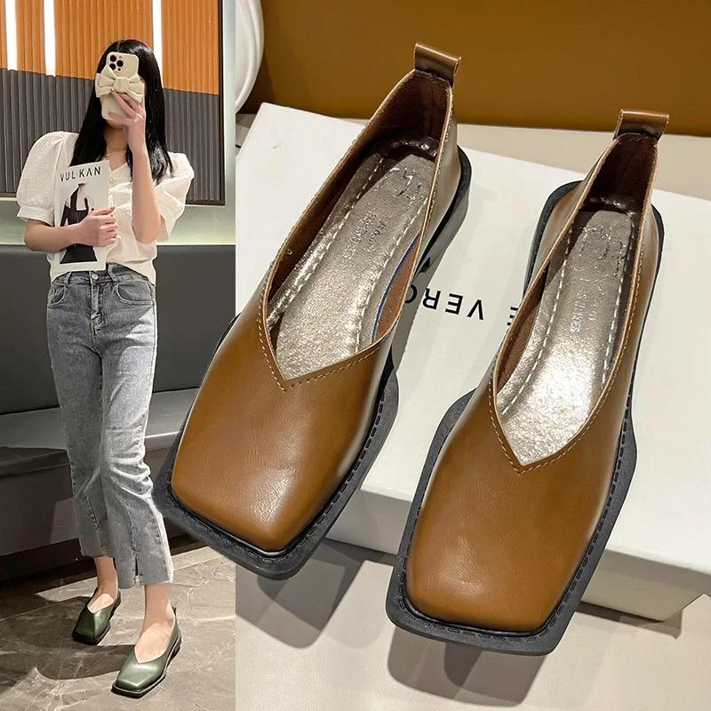 Feng 2 Platte schoenen Dames Vierkante neus Enkel schoenen Eenvoudig temperament Leren schoenen Lente Herfst 4 kleuren 35 beige