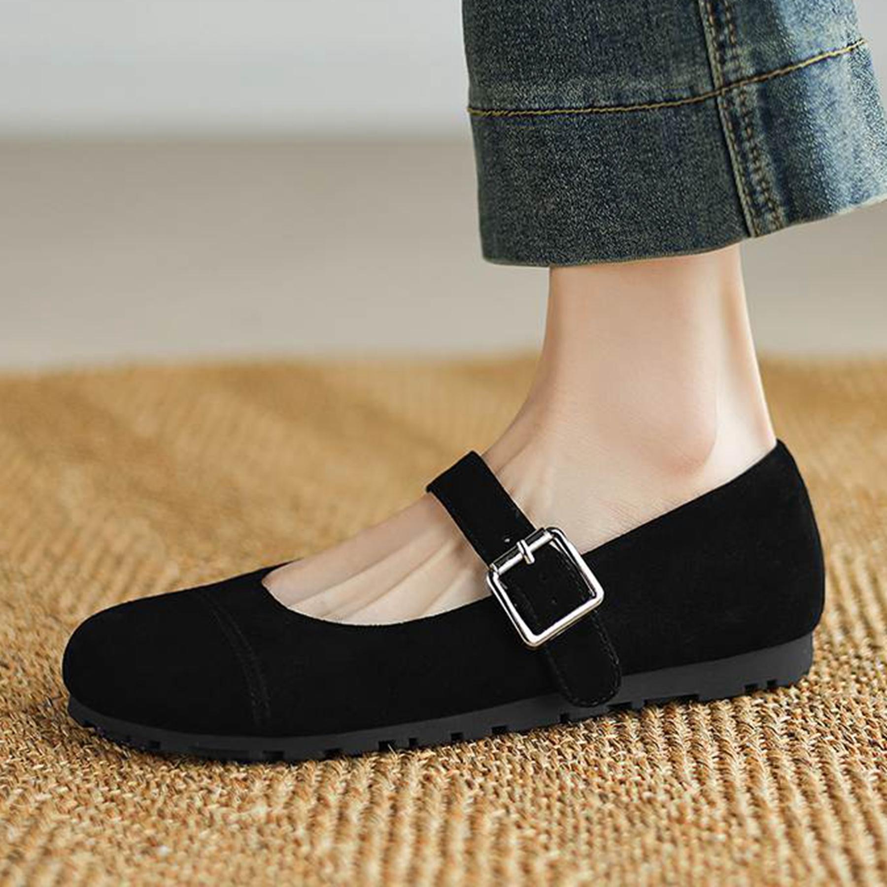 Krazing Pot Cow Suede Nubuck Fashion Lente Maat 42 41 Lage Hakken Dames Ronde Neus Schoenen Mary Janes Ondiepe Flats 35 zwart