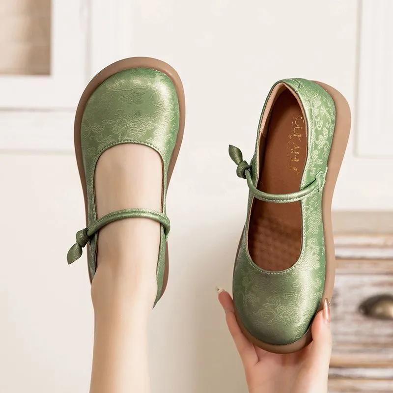 Qingpingjuan Lente en zomer Chinese stijl Mary Jane flats brede neus schoenen Dames zachte loafers Split leren ondiepe schoenen Mom Nurse flats Dames mocassins 40 wit
