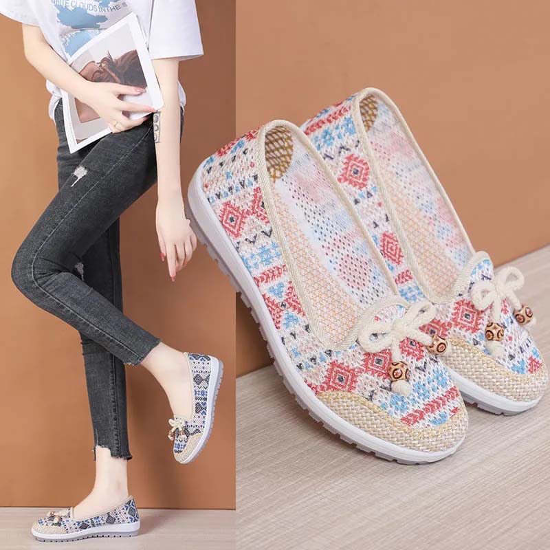 Feng 2 Stoffen schoenen Dames zachte bodem Antislip moederschoenen Ademende holle sandalen Platte geborduurde vrijetijdsschoenen 35 blauw