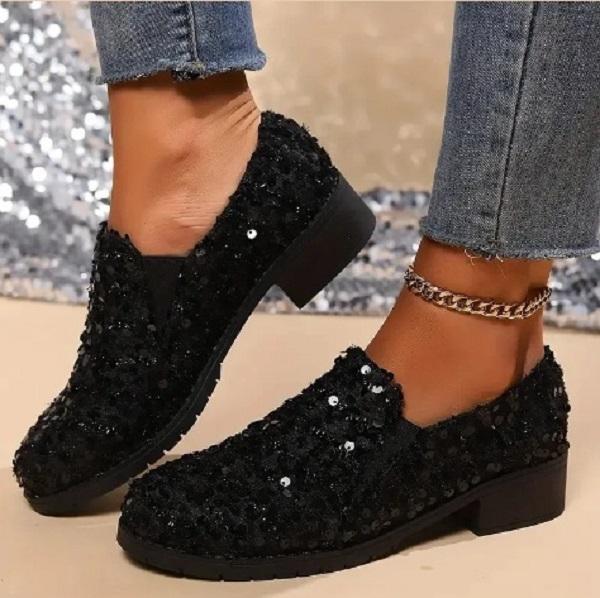 Ladie KAKA Enkelvoudige schoenen Dames Lente All-match Peas schoenen Platte ondiepe mond Pailletten Casual schoenen 42EU/CN43 zwart