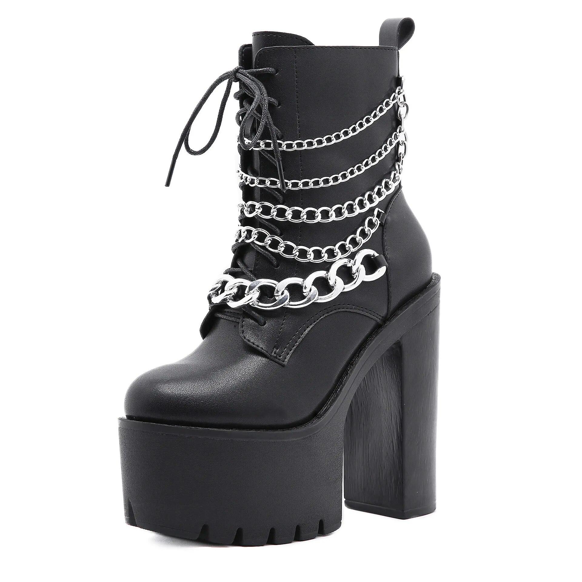 FEOOE PUZZLE 15 cm hakken Winter Hoge hakken Waterdichte platform Populaire laarzen Medium laarzen Ketting veterschoenen Locomotieflaarzen Lhx 35 zwart