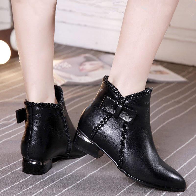 Shoes Family Herfst Winter Enkellaars Dames Korte Buis Veelzijdige Zachte Leren Laarsjes Moeder Lage Hak Mode Comfortabele Puntschoenen 35