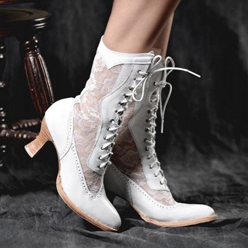 Graceful Style Fashion Vintage Women's Ankle Boots Victorian Pointed Toe Mid-Calf Boots for women elegant Pu Lace Up boot Spliced Ladies High Heel Shoe 34 wit