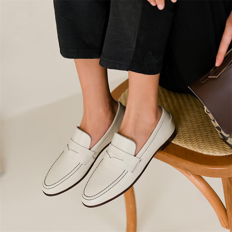 Meotina Vrouwen Loafers Schoenen Natuurlijke Lederen Platte Schoenen Ronde Causale Dames Schoenen 2022 Lente Herfst Witte Koe Leer 34 zwart