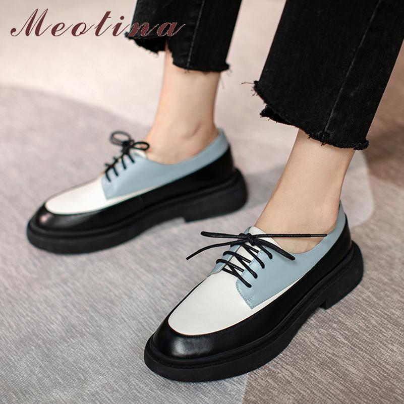 Meotina Vrouwen Flats Schoenen Echt Lederen Schoenen Platform Lace Up Ronde Neus Causale Damesschoenen 2022 Lente Herfst Wit 39 34 zwart