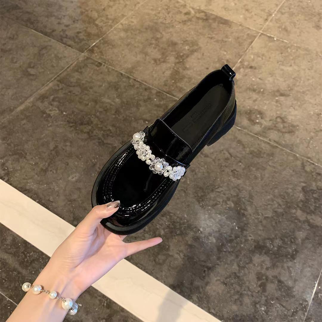 Shoes Arena 2024 Handgemaakte loafers van echt leer met kristallen gesp voor dames - dikke hak en zool 39