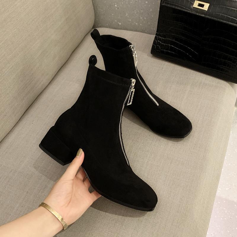 Best Shoe Boutique Herfst Nieuwe Elastische Dames Korte Laarzen Dikke Hak Voorkant Rits Femme Schoenen Vierkante Teen Hak Zwarte Suède Dames Botas Femininas 35 zwart