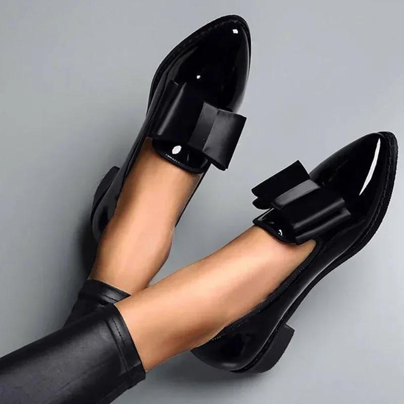 OS Dames Loafers Bow Decor Puntige Teen Platte Schoenen voor Dames Lakleer Ondiepe Mond Forens Dagelijkse Casual Schoenen 35 zwart