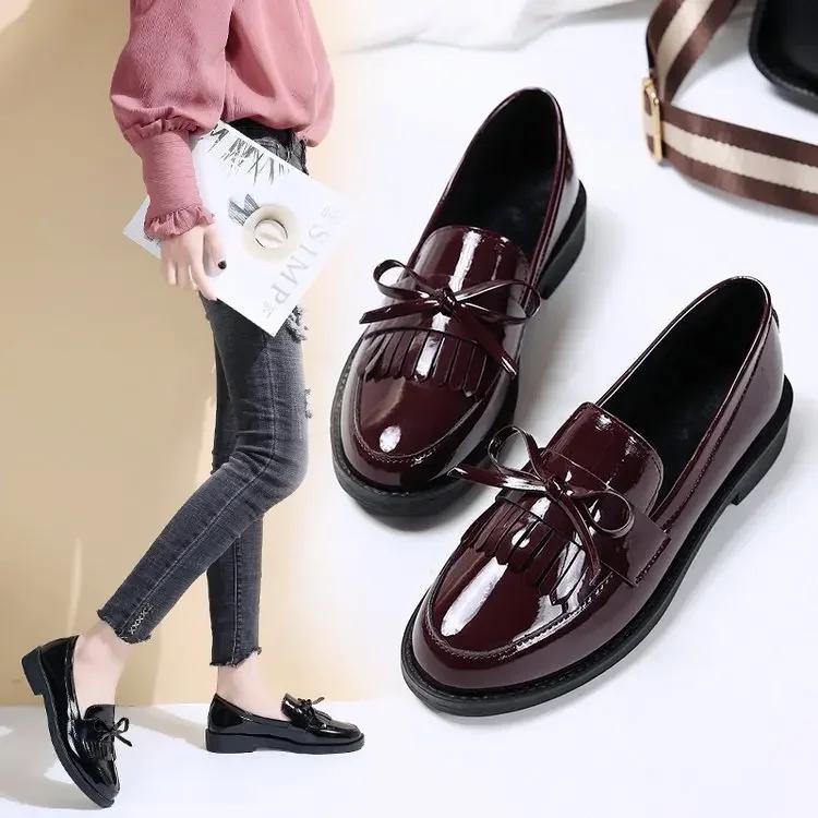 Framont Fashion House Dames Zwarte Patent Leren Loafers Platform Slip-on Schoenen voor Dames Herfst Britse Kwastje Casual Strik Flats Schoenen 36 bordeaux