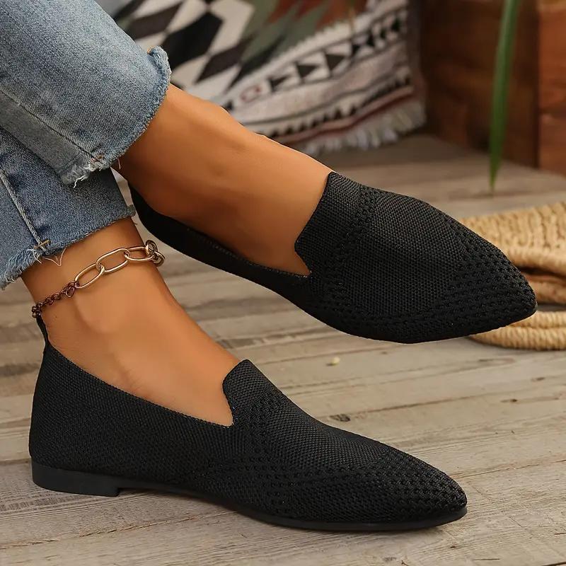 LaLaShoes 2024 Herfst Nieuwe Flyknit Puntige Platte Bodem Enkele Schoenen Grote Casual Effen Kleur Ondiepe Mond Dames Platte Schoenen 36 groen