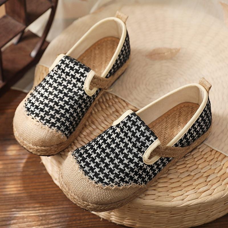 Johnature Flats Women Shoes Plaid Retro Cotton Linen Casual Shallow Handmade Concise Ladies Shoes 35 beige