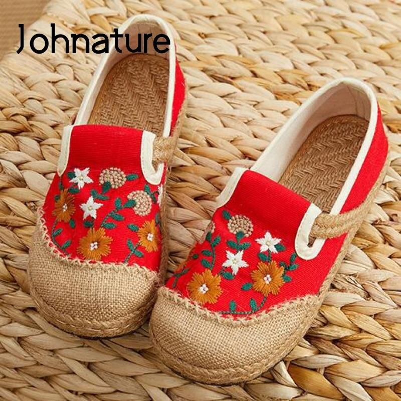 Johnature Embroider Flats Women Shoes Round Toe Floral Cotton Linen Casual National Style Handmade Concise Ladies Shoes 35 beige