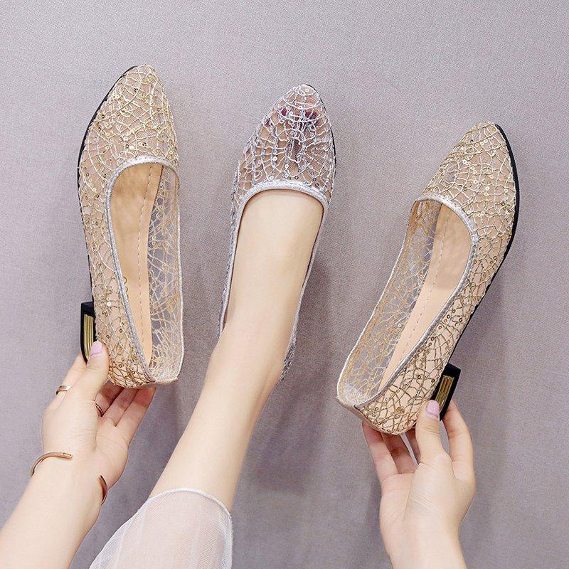 Shoes Women Zomer dames mode holle enkele schoenen ademende holle mesh sandalen met puntige neus 41 goud