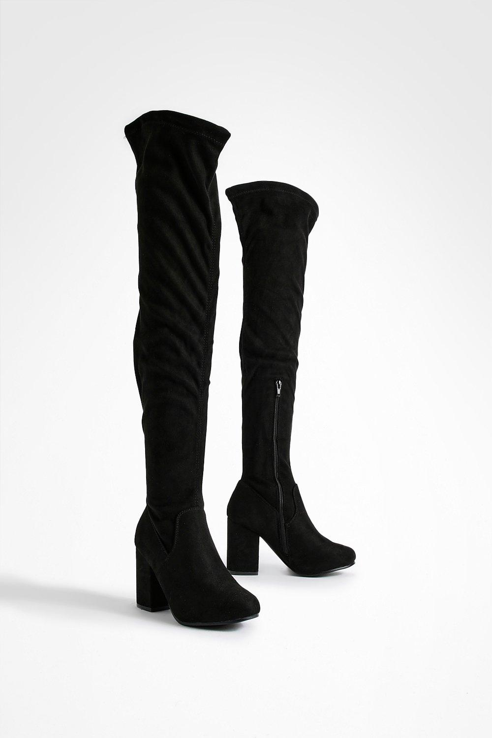 Boohoo Brede Stretch Overknee Laarzen Met Blokhakken, Zwart