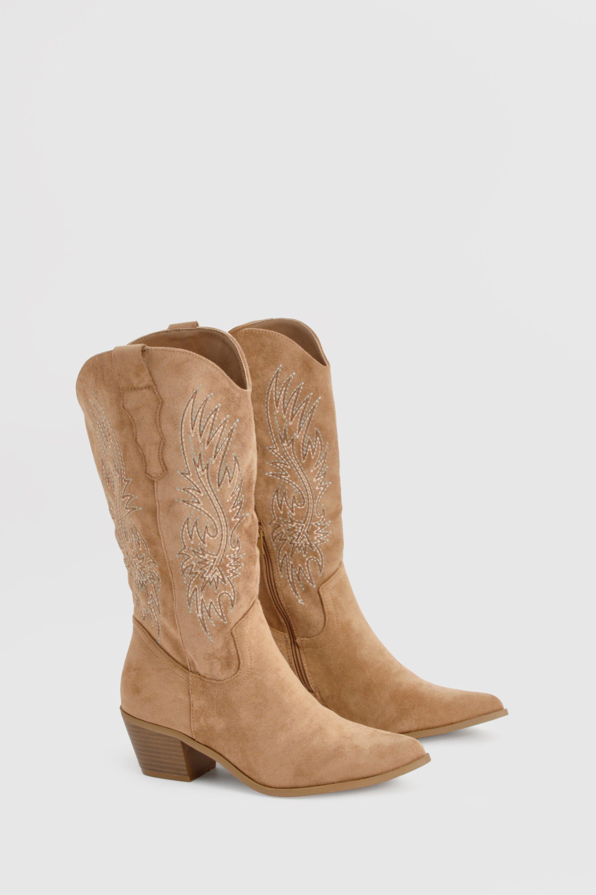 Boohoo Geborduurde Kniehoge Western Laarzen, Camel
