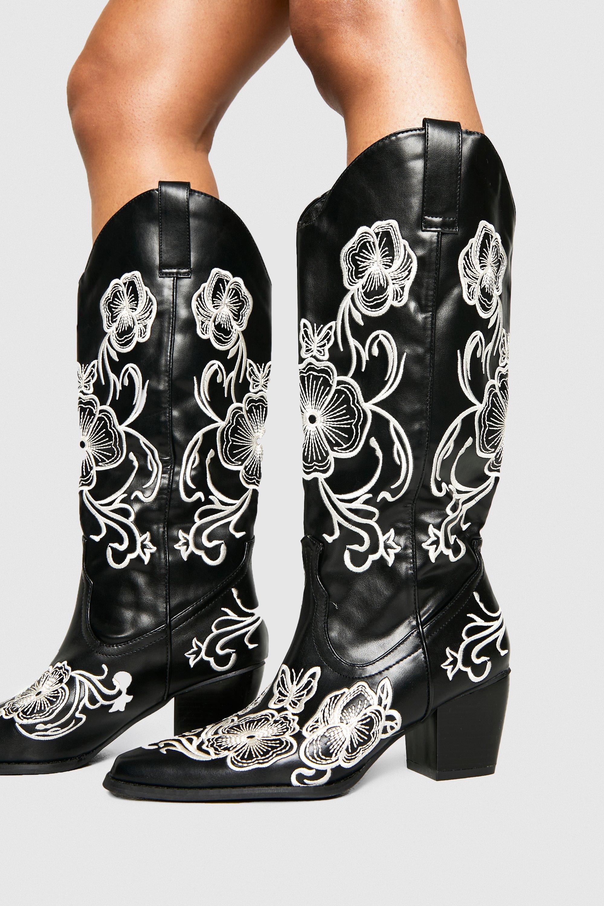 Boohoo Contrasterende Geborduurde Kniehoge Western Laarzen, Black