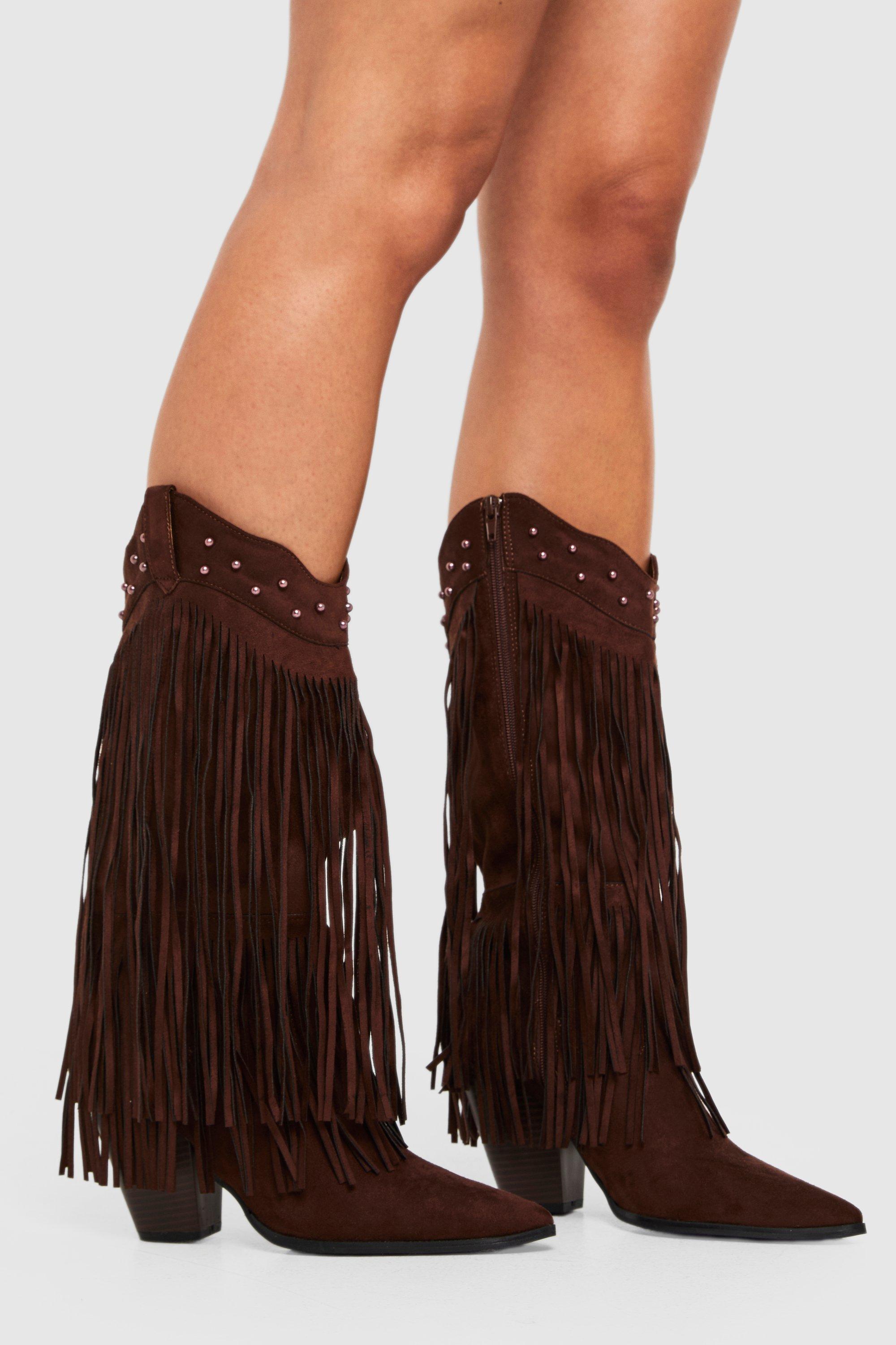 Boohoo Nep Suède Western Laarzen Met Studs En Kwastjes, Chocolate