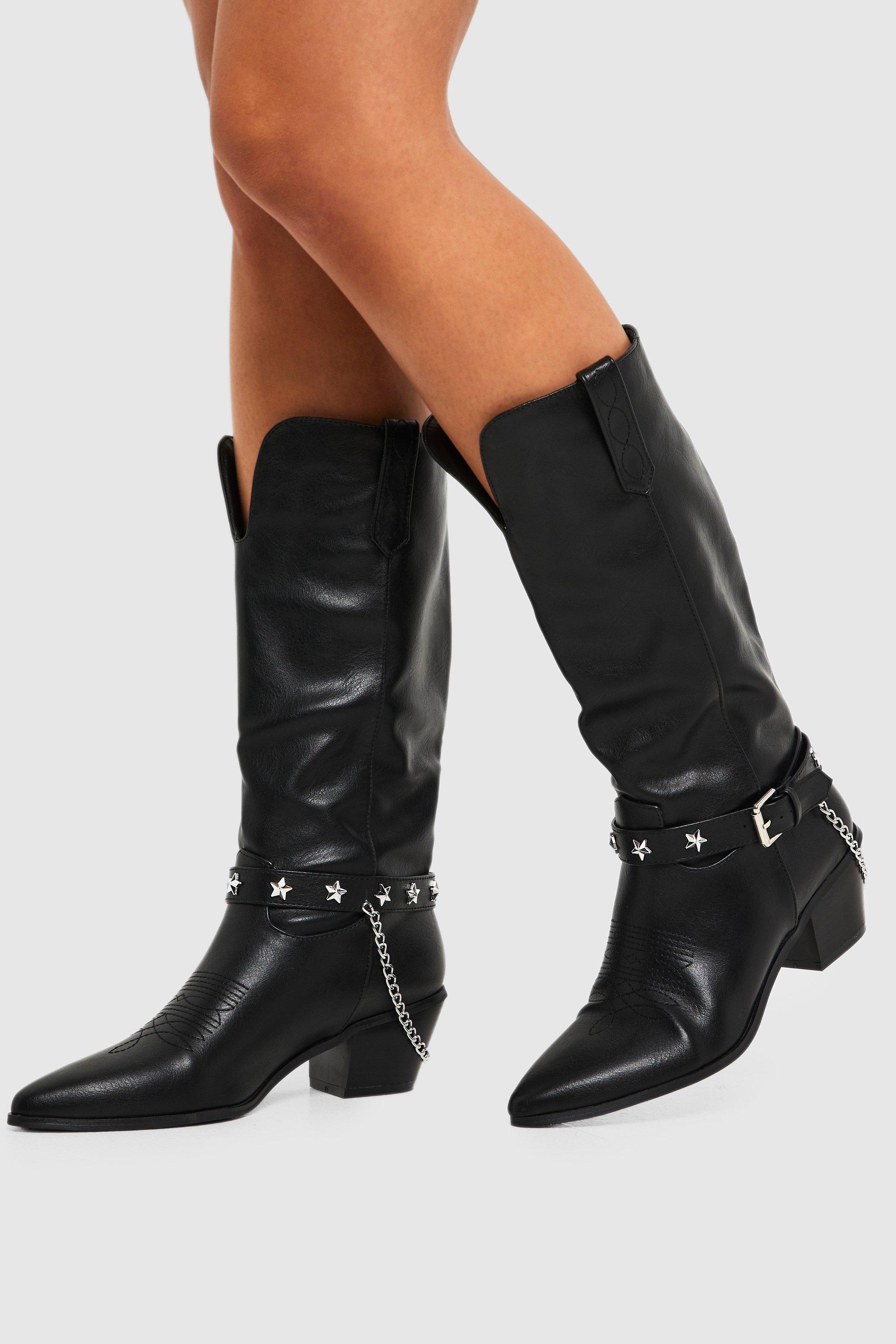 Boohoo Vintage Look Cowboy Laarzen Met Gesp, Black