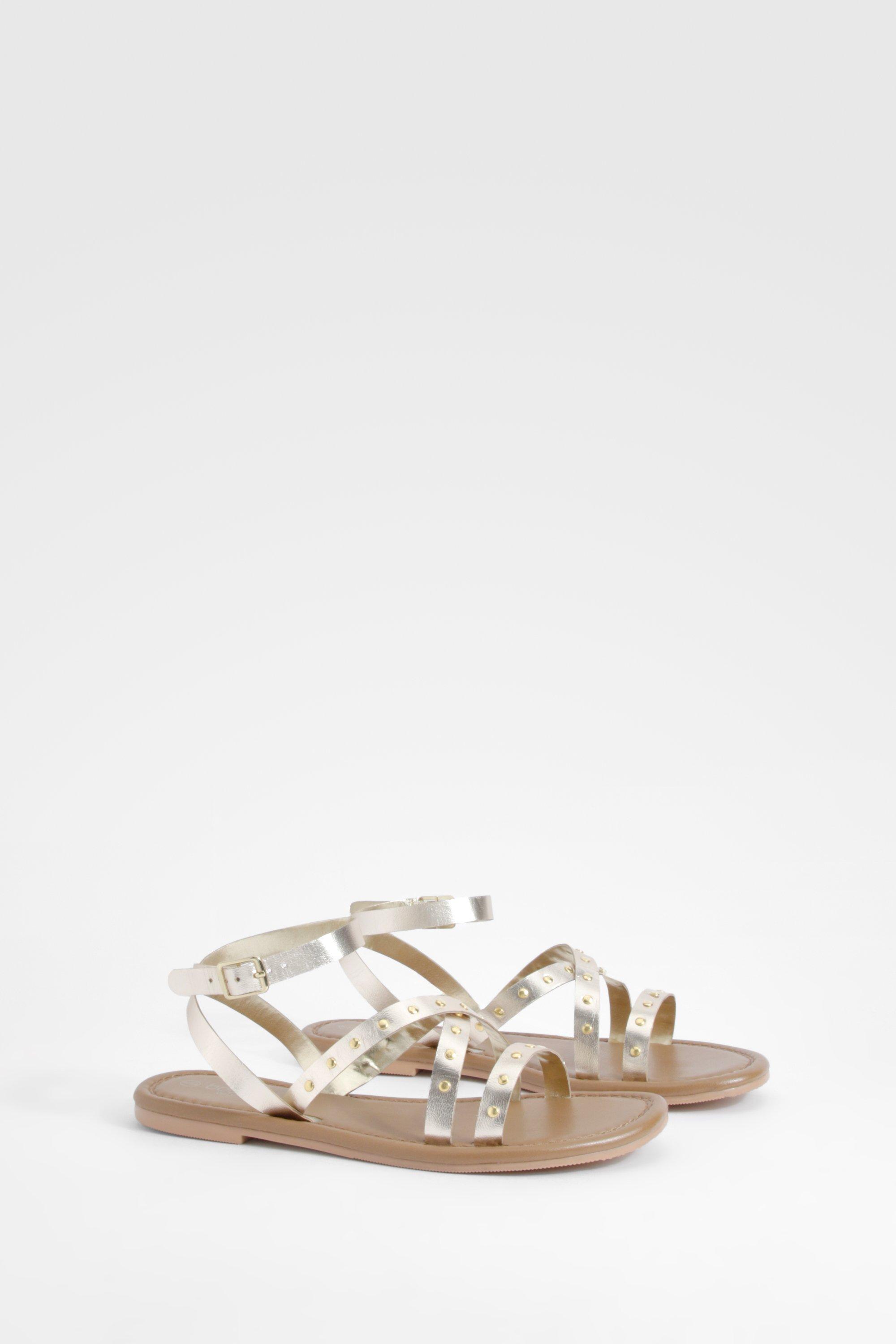 Boohoo Brede Leren Tweedelige Sandalen Met Studs, Gold