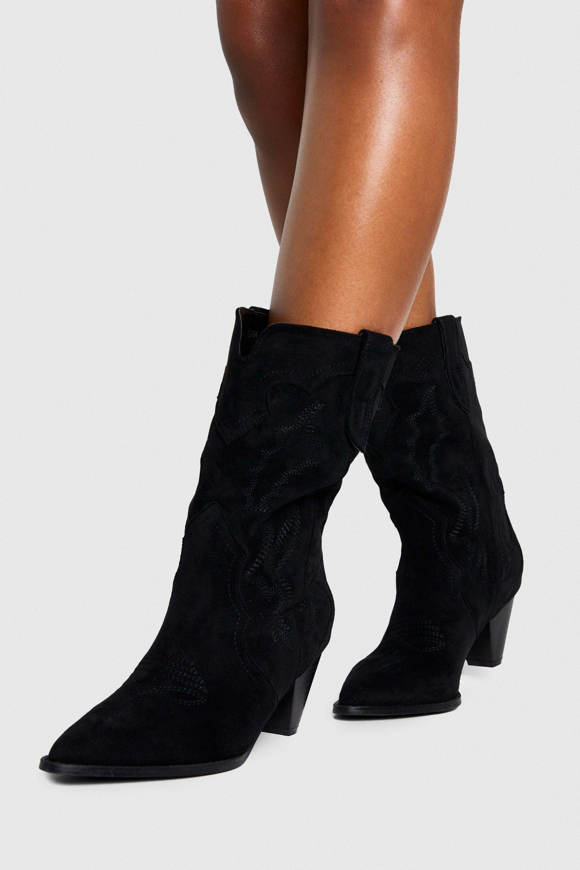 Boohoo Cone Heeled Calf High Western Boots, Black
