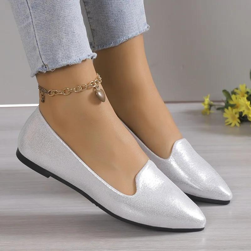 SmoothWalk Wear 2024 Mode Slip Op Loafers Ademend Stretch Ballet Ondiepe Flats Vrouwen Zachte Bodem Puntschoen Bootschoenen Plus Size 43 36 zilver