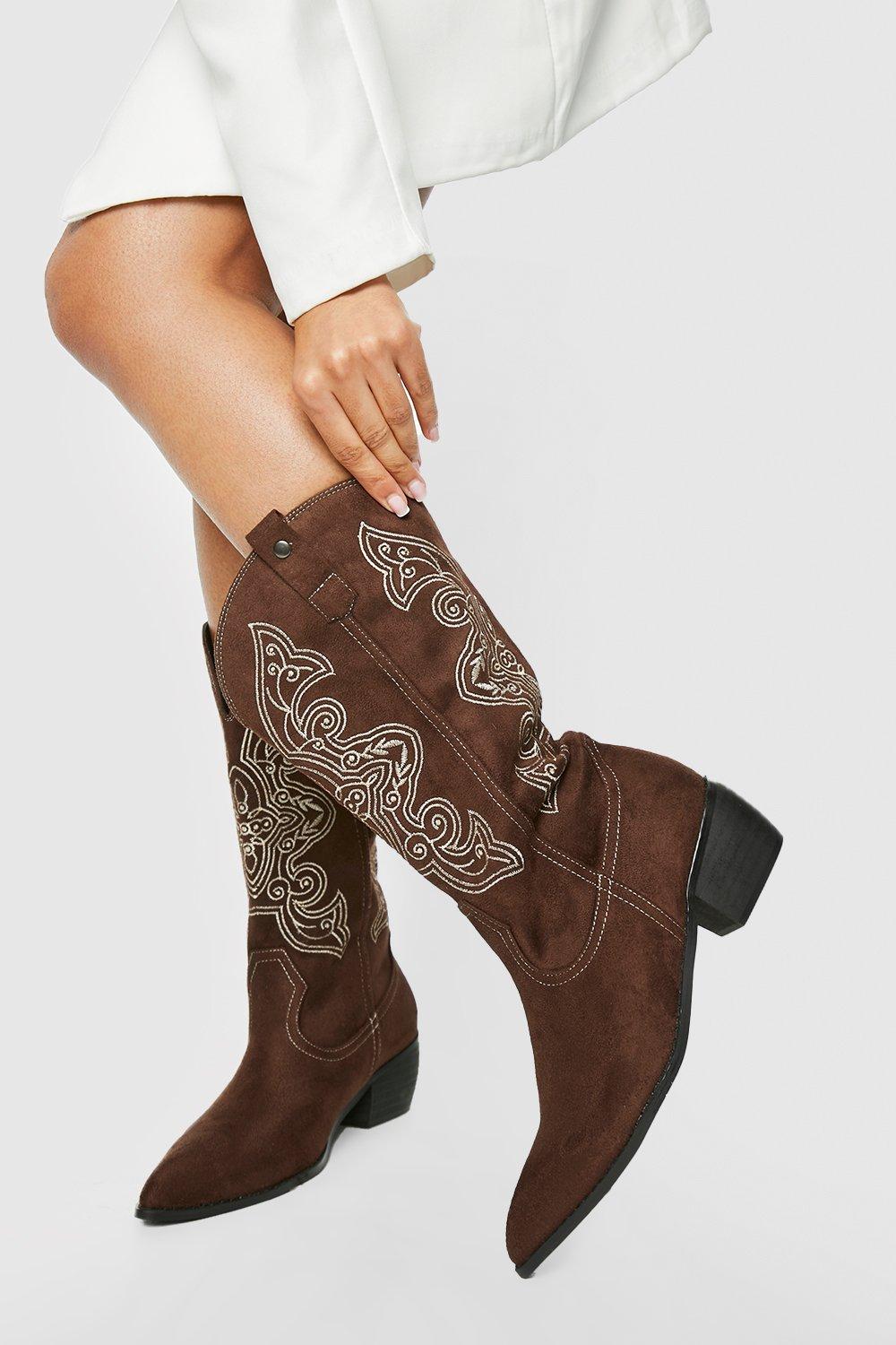 Boohoo Brede Contrasterende Geborduurde Casual Cowboylaarzen, Chocolate