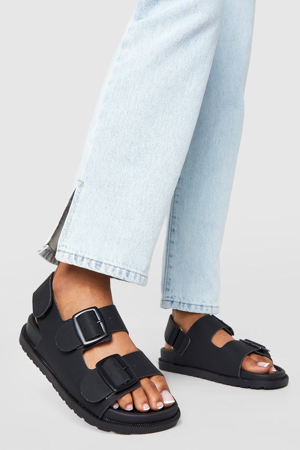 Boohoo Dad Sandalen Met Dubbele Bandjes En Gesp, Black