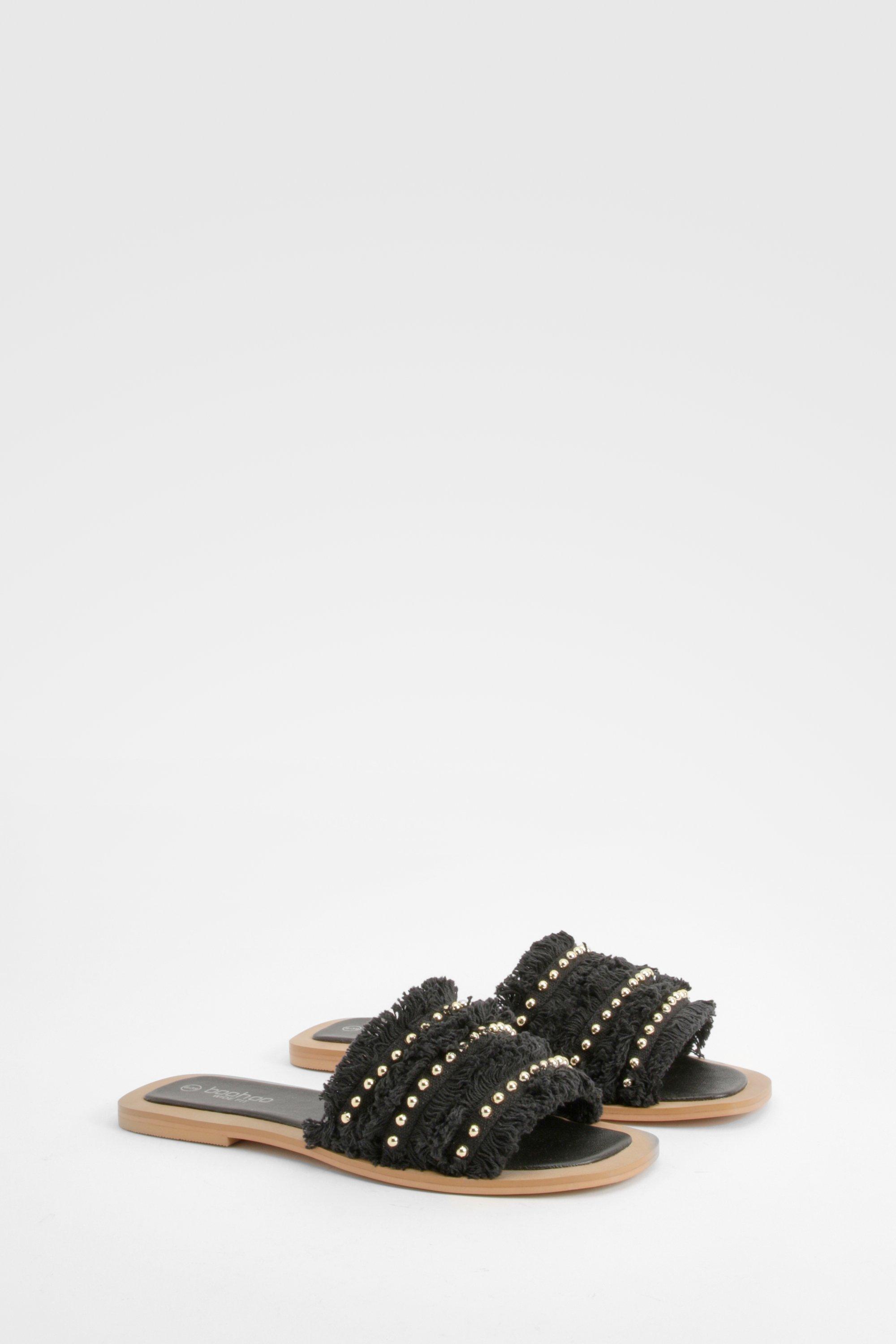 Boohoo Brede Geweven Sandalen Met Studs, Black