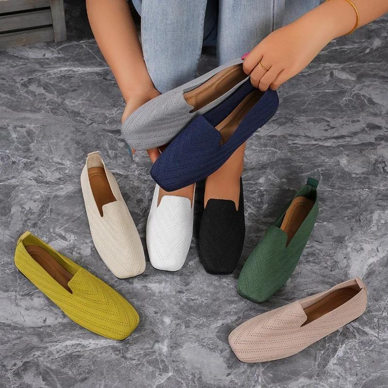 SmoothWalk Wear 2024 Effen Kleur Vierkante Neus Mesh Loafers Ondiepe Dames Flats Schoenen Zachte Bodem Gebreide Ballet Flats Schoenen Casual Slip-on Schoenen 37 blauw