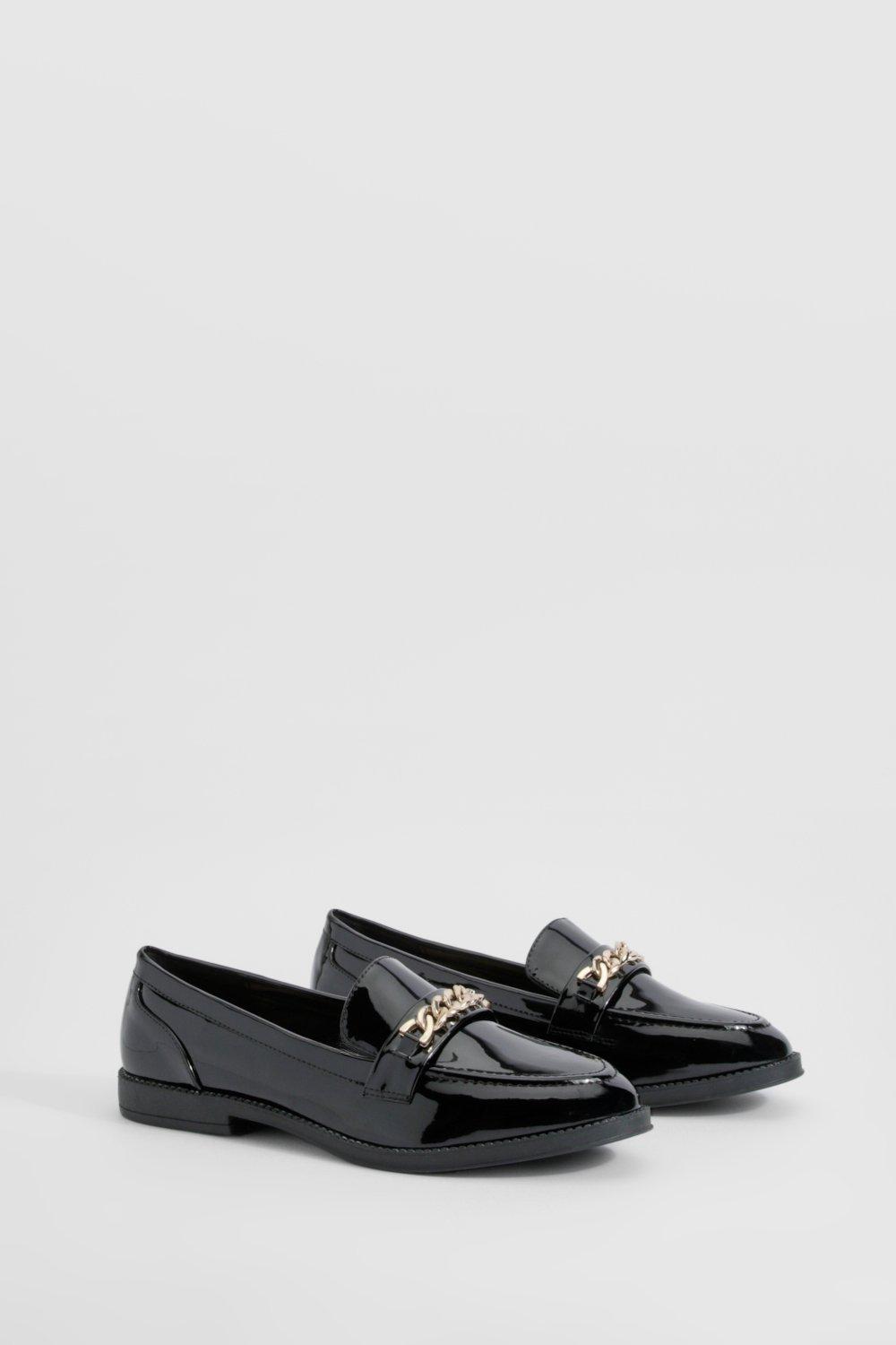 Boohoo Brede Nepleren Loafers Met Ketting, Black