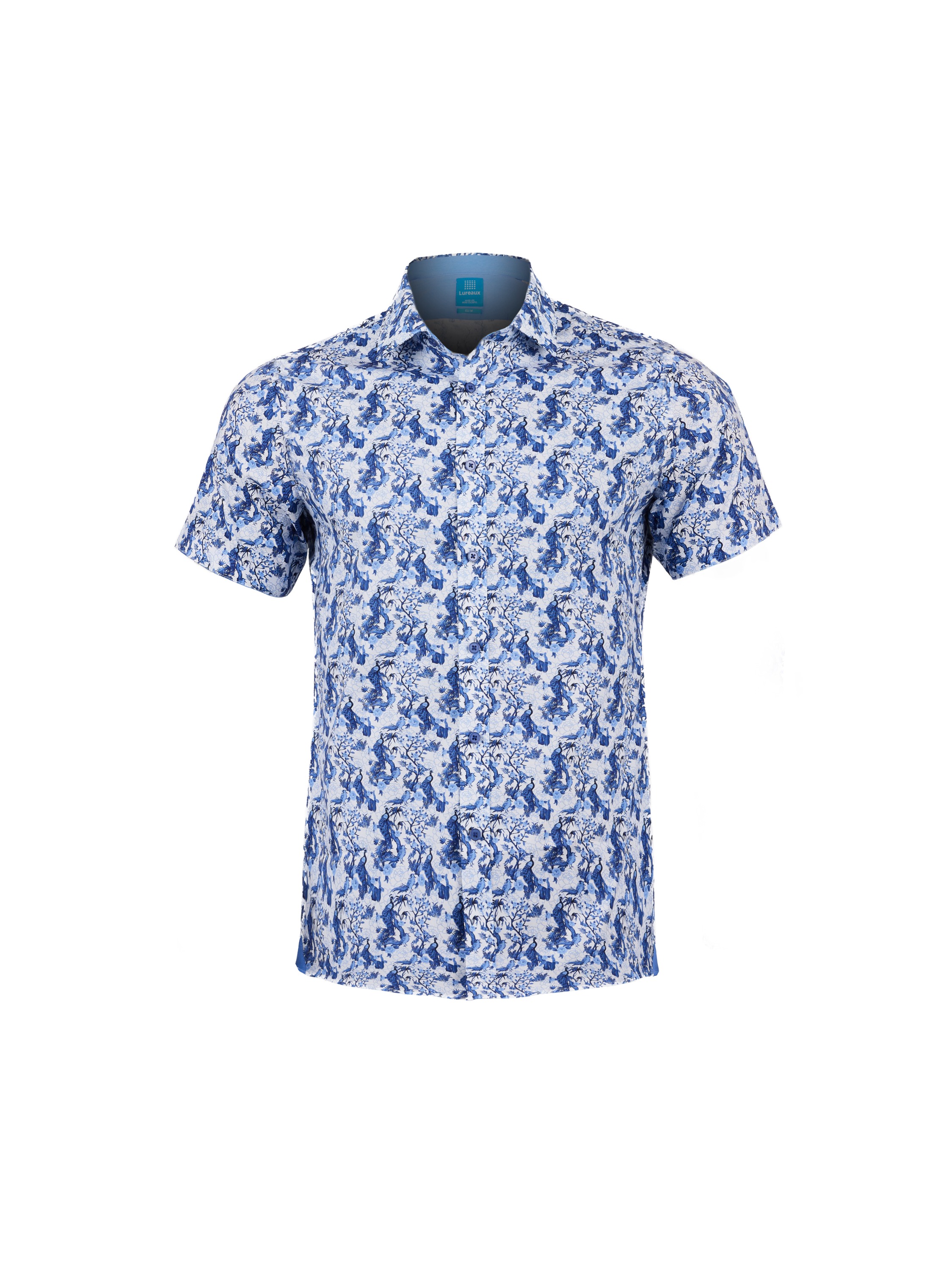 Lureaux Azure Bird Garden Short Sleeve Overhemd L  - Handgemaakte Nette Schoenen Voor Heren