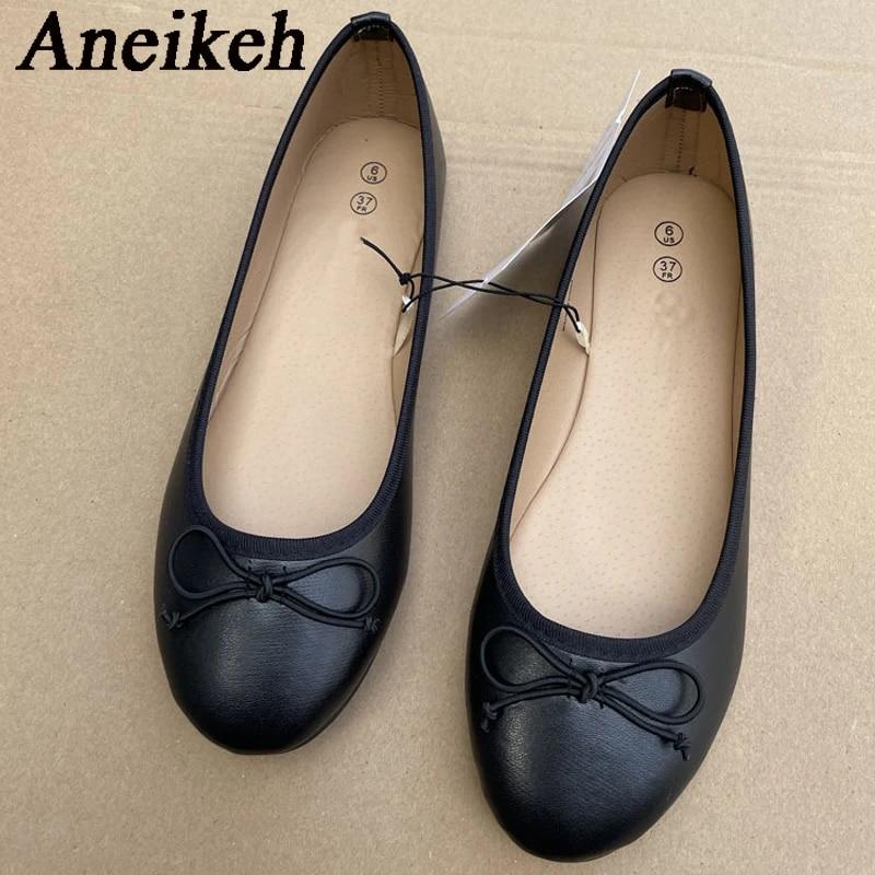 Aneikeh 2024 Zomer Zoete Ondiepe Strik Ballet Flats Hak Dames Loafers Schoenen Mode Slip-On Elegante Zijden Ballet Muiltjes zwart 37 zwart