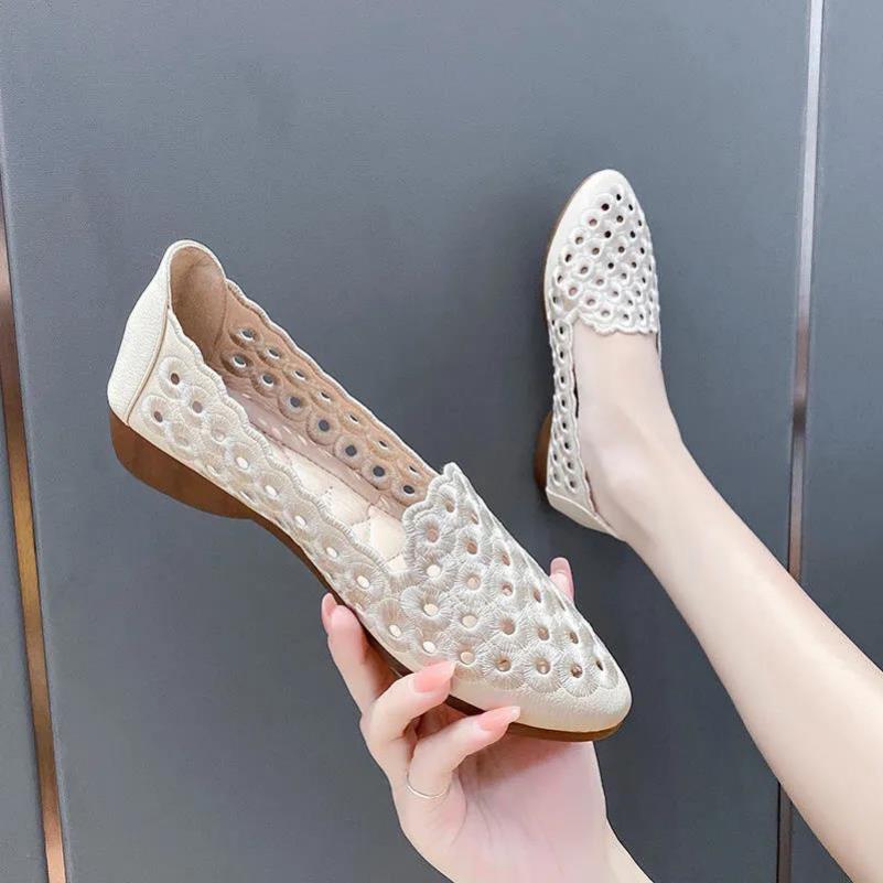 Fashion Flyshoes Holle rode leren dames zachte zool puntige neus ondiepe instapper eenvoudig casual woon-werkverkeer Koreaanse mode mocassin drop shipping 39 beige