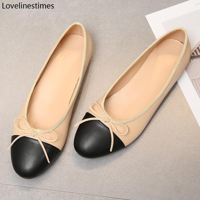 Gtimeshoes Schoenen Ballet Flats Schoenen Voor Vrouwen Trend Twee Kleuren Splicing Leer Tweed Ballet Vrouwen Strik Klassieke Ballet Flats Dames Schoenen 38 abrikoos