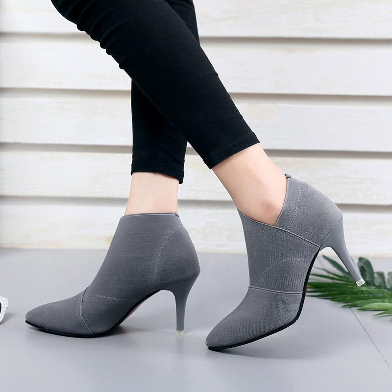 Gtimeshoes Lente en herfst Nieuwe effen toon puntige mouw dragen dunne hak veelzijdige enkele laars vrouwen comfortabele damesschoenen 40 grijze kleur