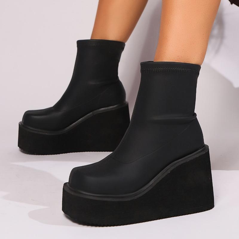 Shoes Family Dames Laarzen Herfst Winter Mode Wedges Korte Mid Laarzen Dames Platform Sexy Zwarte Ronde Kop Elastische Laarzen Goth Schoenen voor Dames 42