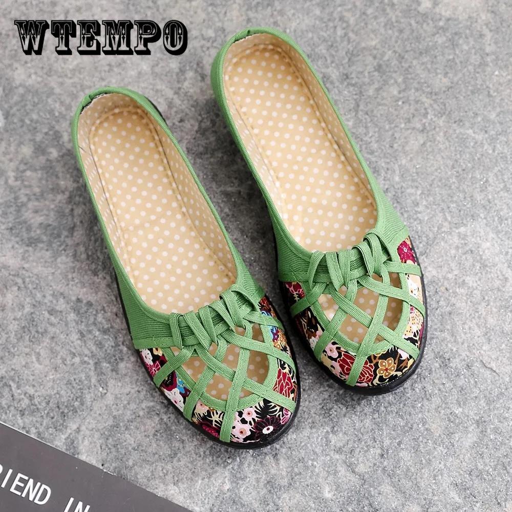 WTEMPO Lente Zomer Doek Schoenen Dames Uitgehold Antislip Zachte Bodem Enkele Schoenen Grote Maat Print Platte Slip-on Sandalen 35