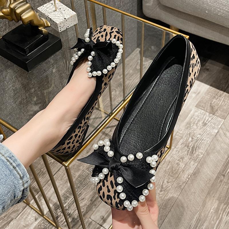 Umsif Dames luipaard platte schoenen met strik Business Casual Loafer Antislip Vierkante teen Platte balletwandelschoenen voor Avondfeest Mode Loafers Geklede schoenen 39 bruin