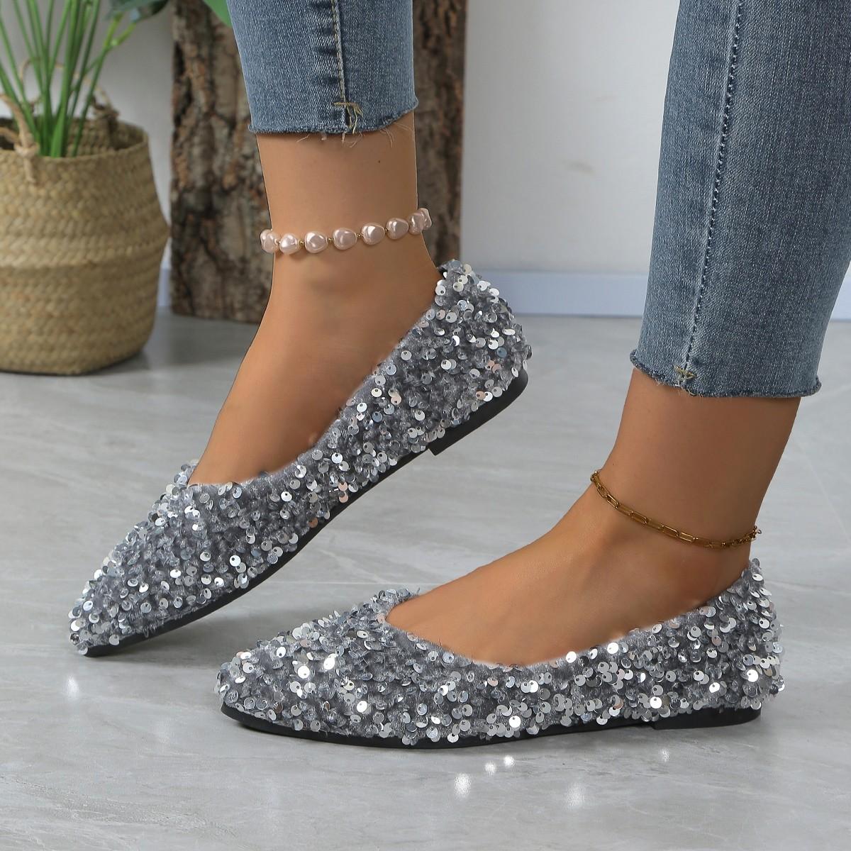 BeautyFeet Nieuwe aankomst platte schoenen damesmode bling shine zilveren puntige teen ballerina's comfortabele casual damesschoenen 36 zwart